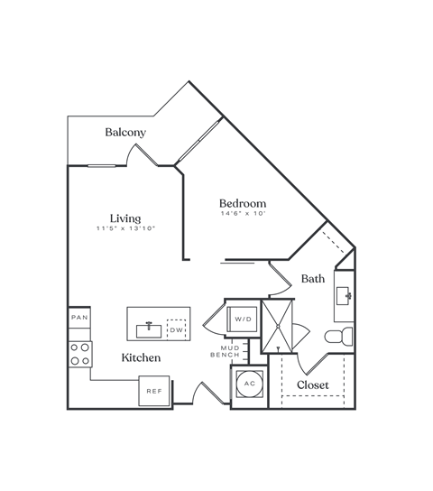 Floor plan for 1 bed, 1 bath, 724 sqft